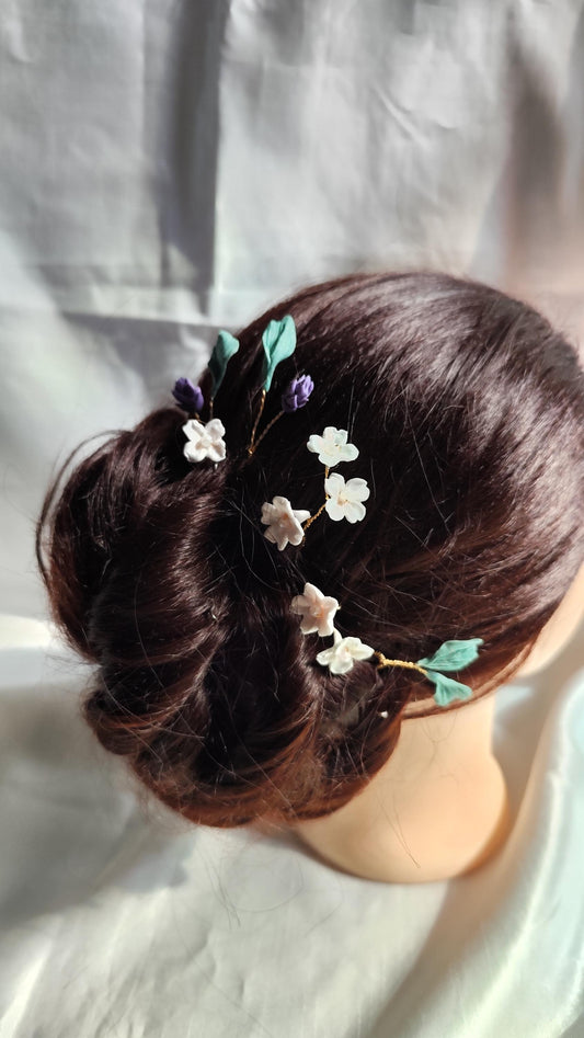 Set de 5 horquillas con flores y hojas de cerámica fría flexible