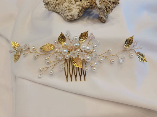 Peina montada en alambre dorado para tocado novia, madrina, quince cumpleaños...