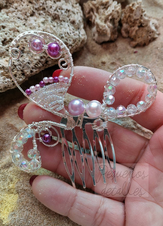 Peina de alambre plateado y perlas de imitación moradas